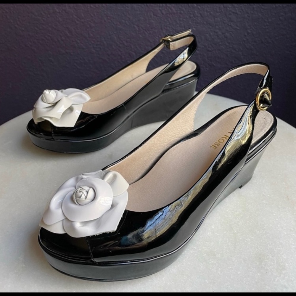 Black Patent Flower Wedge Slingback Sandal